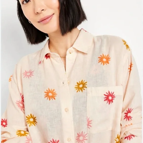 Old Navy Linen Blend Boyfriend Shirt Sun Print Size M - Picture 2 of 10